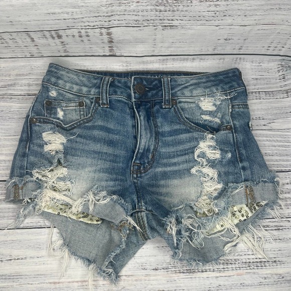 American Eagle Hi Rise Festival Distressed Gold Sequin Pocket Shorts 0 - Picture 2 of 4